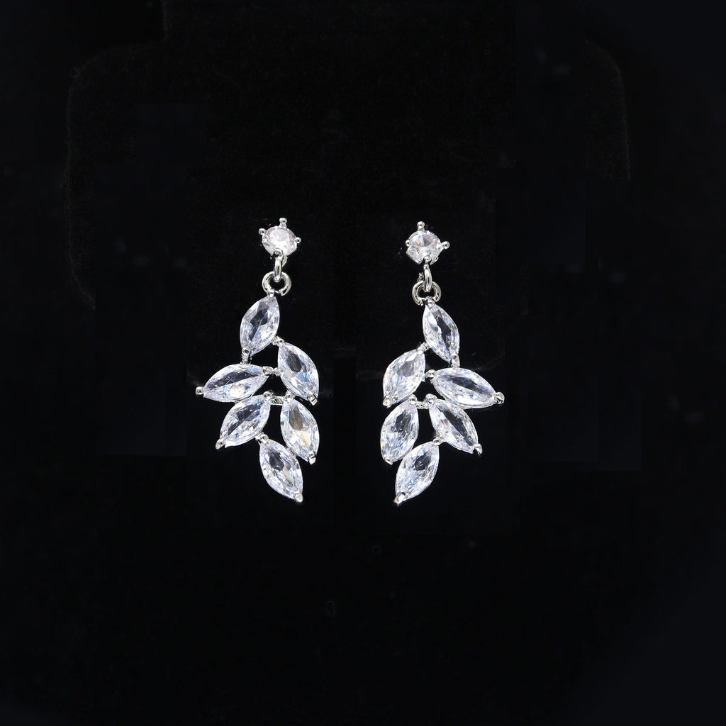 Swarovski Crystal Dainty Vine Leaves Necklace, Long Bridal Jewelry, Bridal Earrings And Necklace, Statement Earrings Cz Necklace Set.