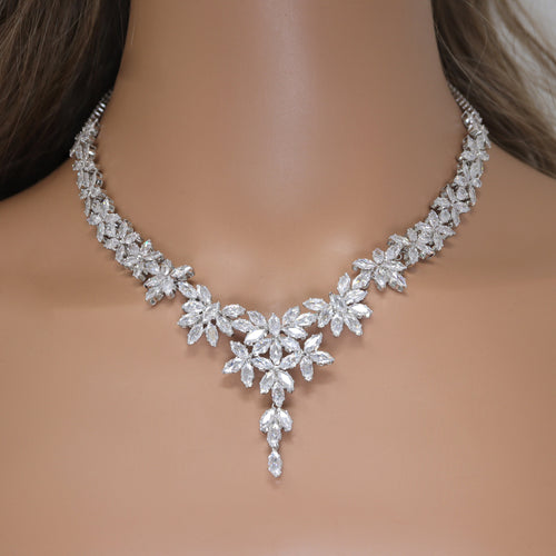 Diamond/ Swarovski Crystal Elegant Floral Vine Drop Necklace Set, Long Bridal Jewelry Set, Crystal Bridal Earrings, Statement Earrings
