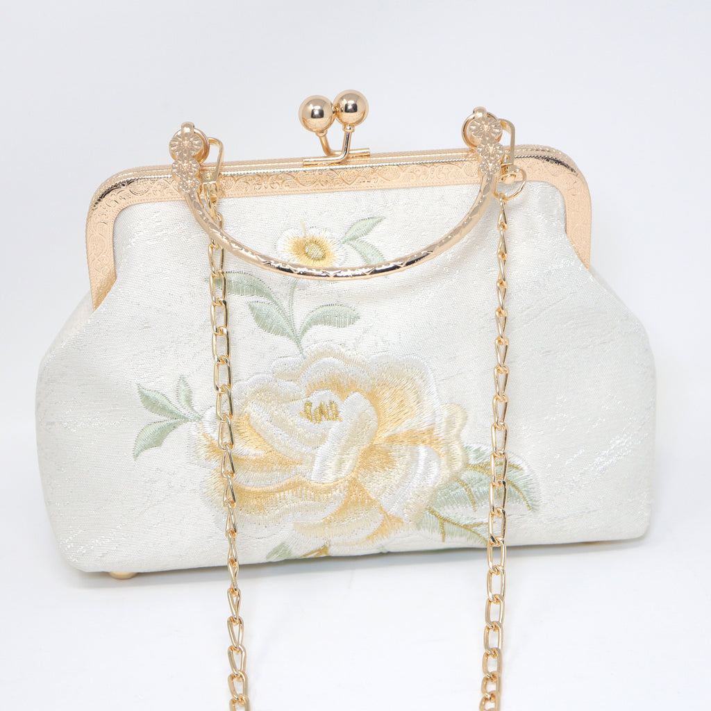 Cream Beige Gold Embroidered Rose Floral Wedding Bag, Statement Bag, Evening Clutch, Wedding Clutch, Bridal Clutch, White Cross Body Bag