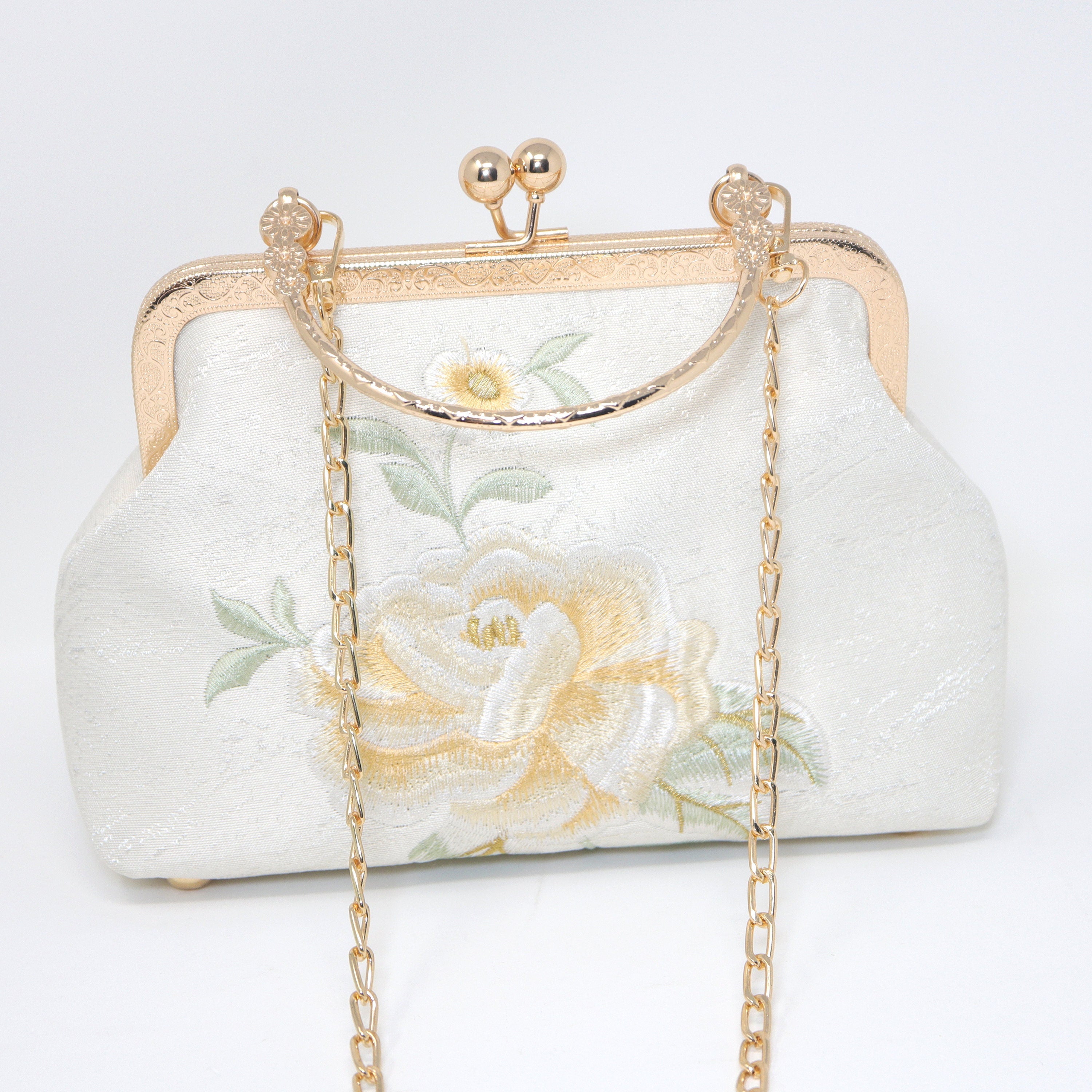 Cream Beige Gold Embroidered Rose Floral Wedding Bag, Statement Bag, Evening Clutch, Wedding Clutch, Bridal Clutch, White Cross Body Bag