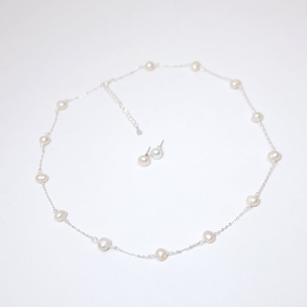925 Sterling Silver Real Natural Pearl Bezels Necklace set , Long Bridal Jewelry, Dainty Pearl Necklace Bridal Earrings Statement Earrings