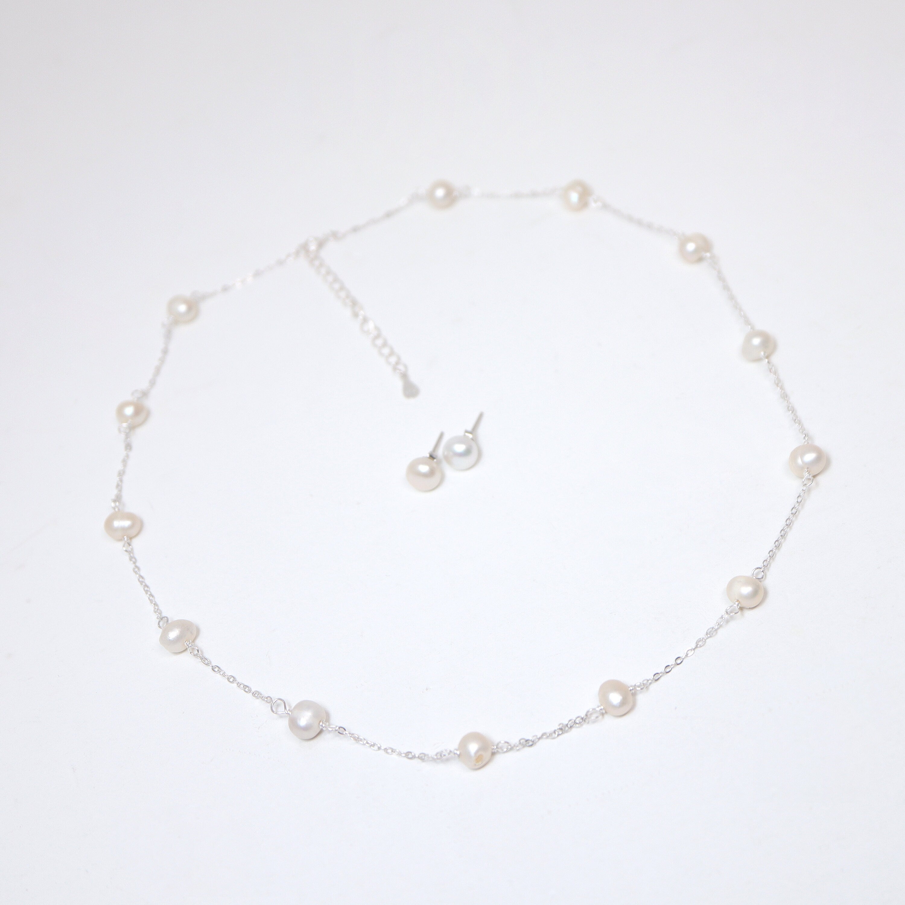 925 Sterling Silver Real Natural Pearl Bezels Necklace set , Long Bridal Jewelry, Dainty Pearl Necklace Bridal Earrings Statement Earrings