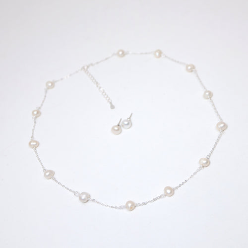 925 Sterling Silver Real Natural Pearl Bezels Necklace set , Long Bridal Jewelry, Dainty Pearl Necklace Bridal Earrings Statement Earrings
