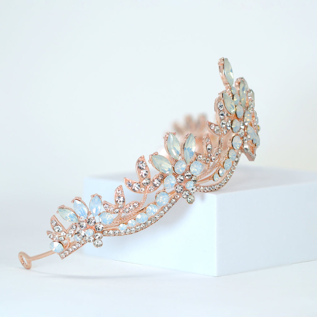 Swarovski Crystal Something Blue Opal Floral Leaves Tiara , Bridal Tiara, Crystal Wedding Tiara, Crystal Wedding Crown, Tiara Bride