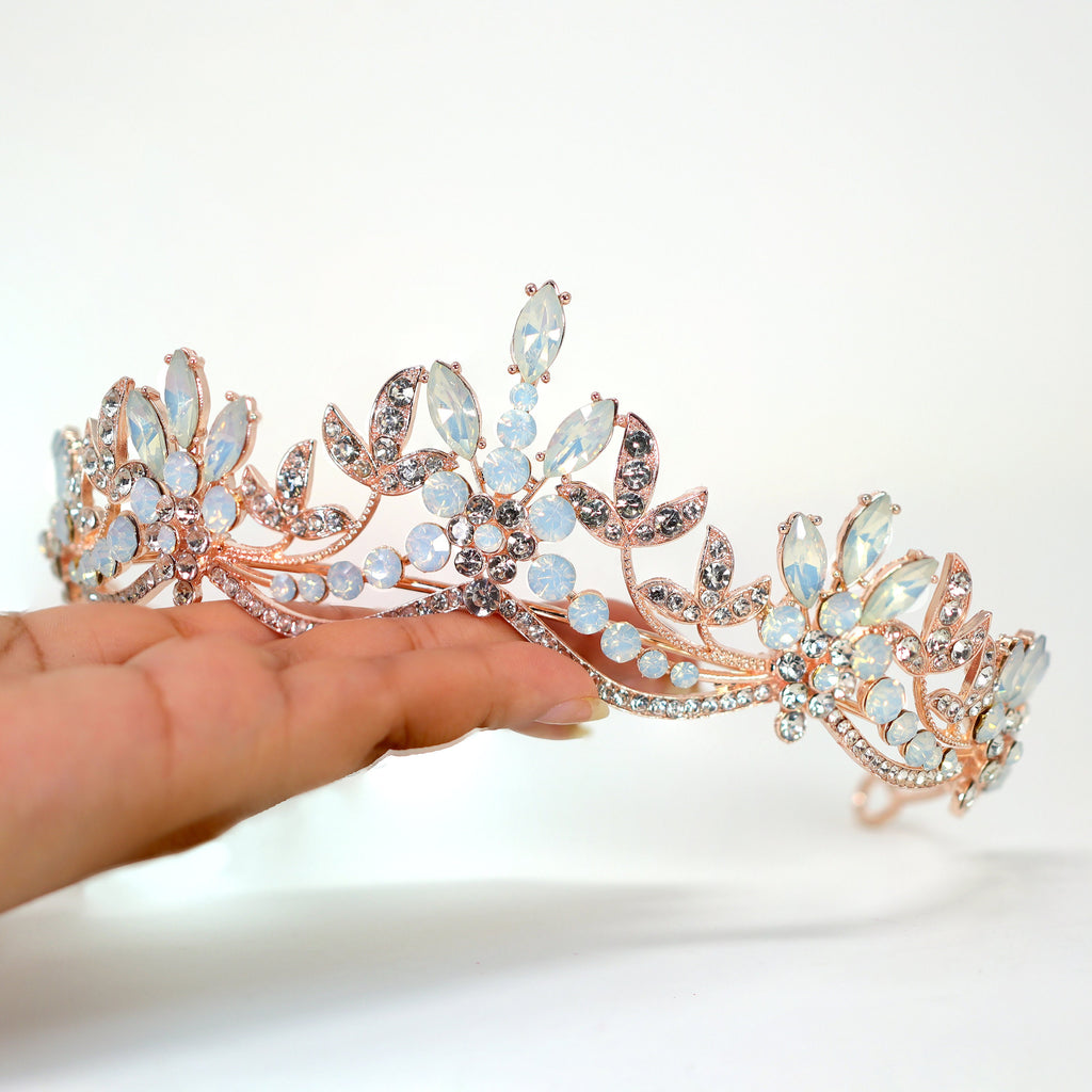 Swarovski Crystal Something Blue Opal Floral Leaves Tiara , Bridal Tiara, Crystal Wedding Tiara, Crystal Wedding Crown, Tiara Bride