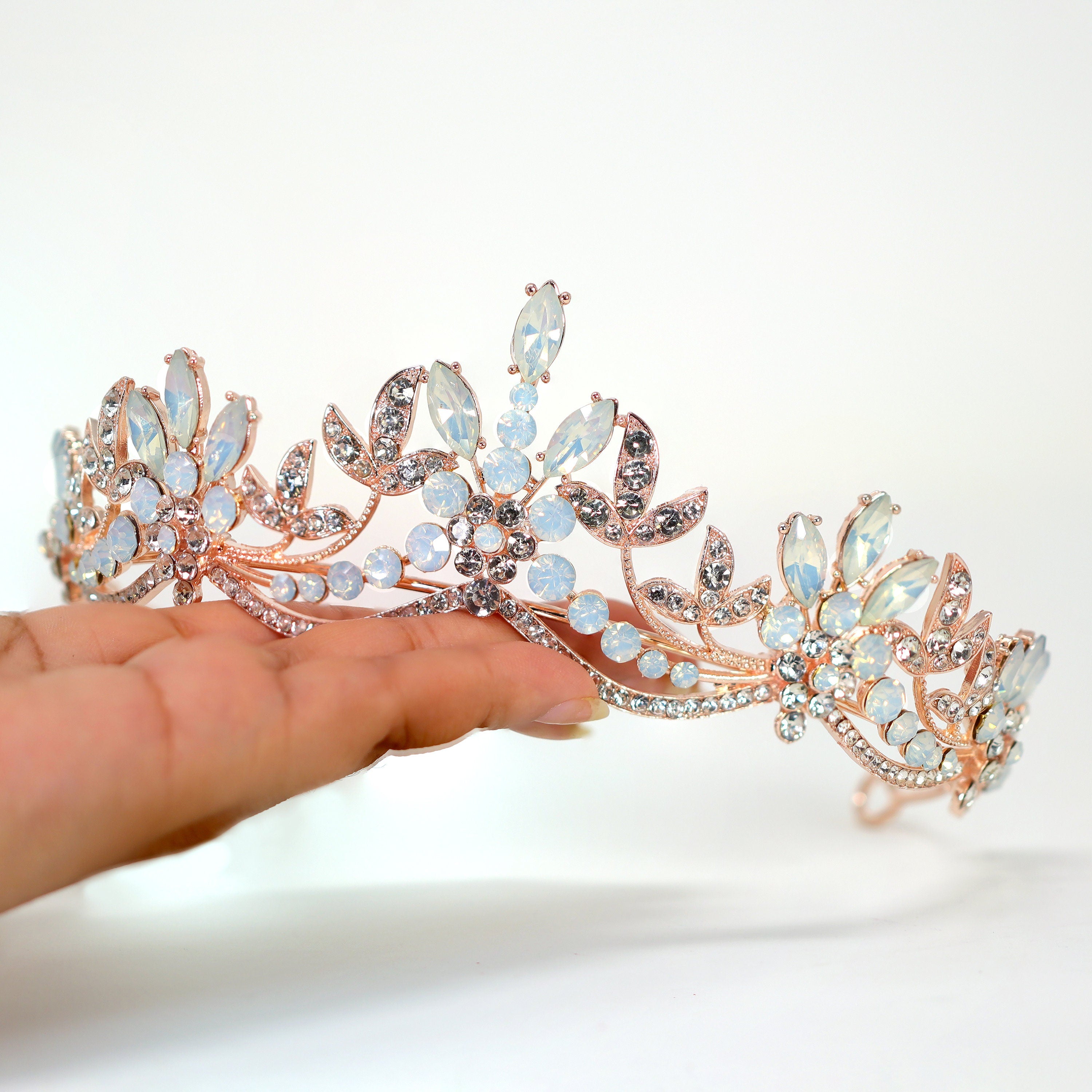 Swarovski Crystal Something Blue Opal Floral Leaves Tiara , Bridal Tiara, Crystal Wedding Tiara, Crystal Wedding Crown, Tiara Bride