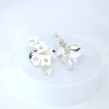 Clip on Ceramic White Flower Crystal And Gold Leaves Earrings, Long Bridal Jewelry, Flower Bridal Earrings, Statement Earrings