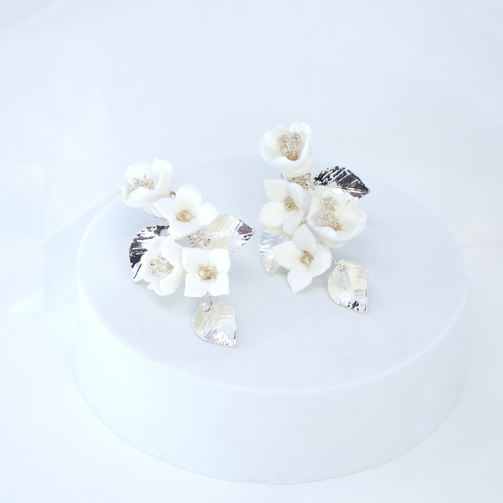 Clip on Ceramic White Flower Crystal And Gold Leaves Earrings, Long Bridal Jewelry, Flower Bridal Earrings, Statement Earrings
