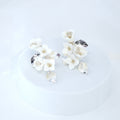 Clip on Ceramic White Flower Crystal And Gold Leaves Earrings, Long Bridal Jewelry, Flower Bridal Earrings, Statement Earrings
