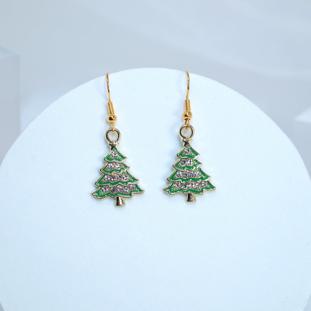 Minimalist Rhinestone Green Christmas Tree Dangle Earrings, Crystal Tree Earring, Statement Christmas Earring.