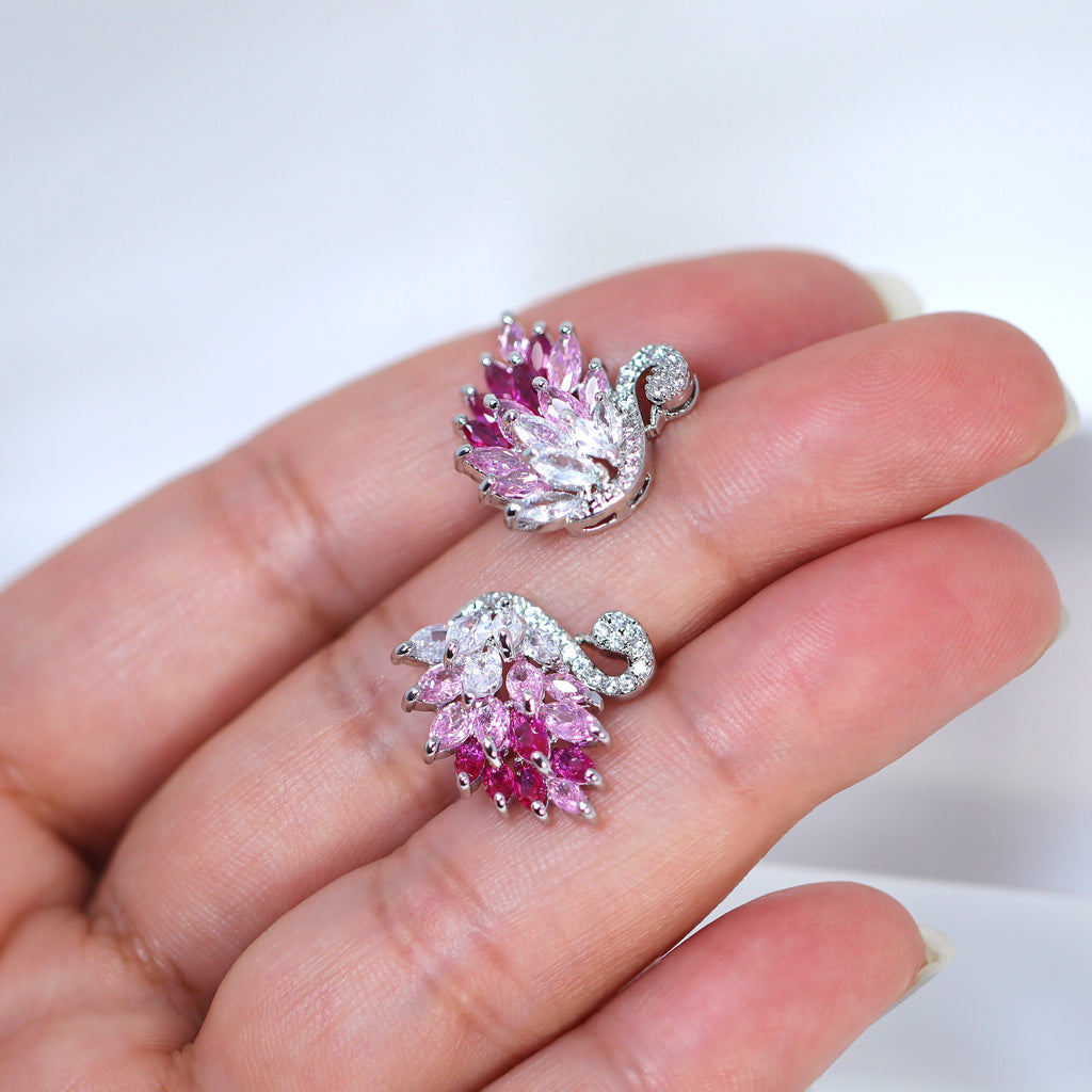 Cubic Zirconia Diamond Pink Swan stud Earrings, Bridal Jewelry, Bridal Stud Earrings, Crystal Bridal Earrings, Statement Earrings Cz