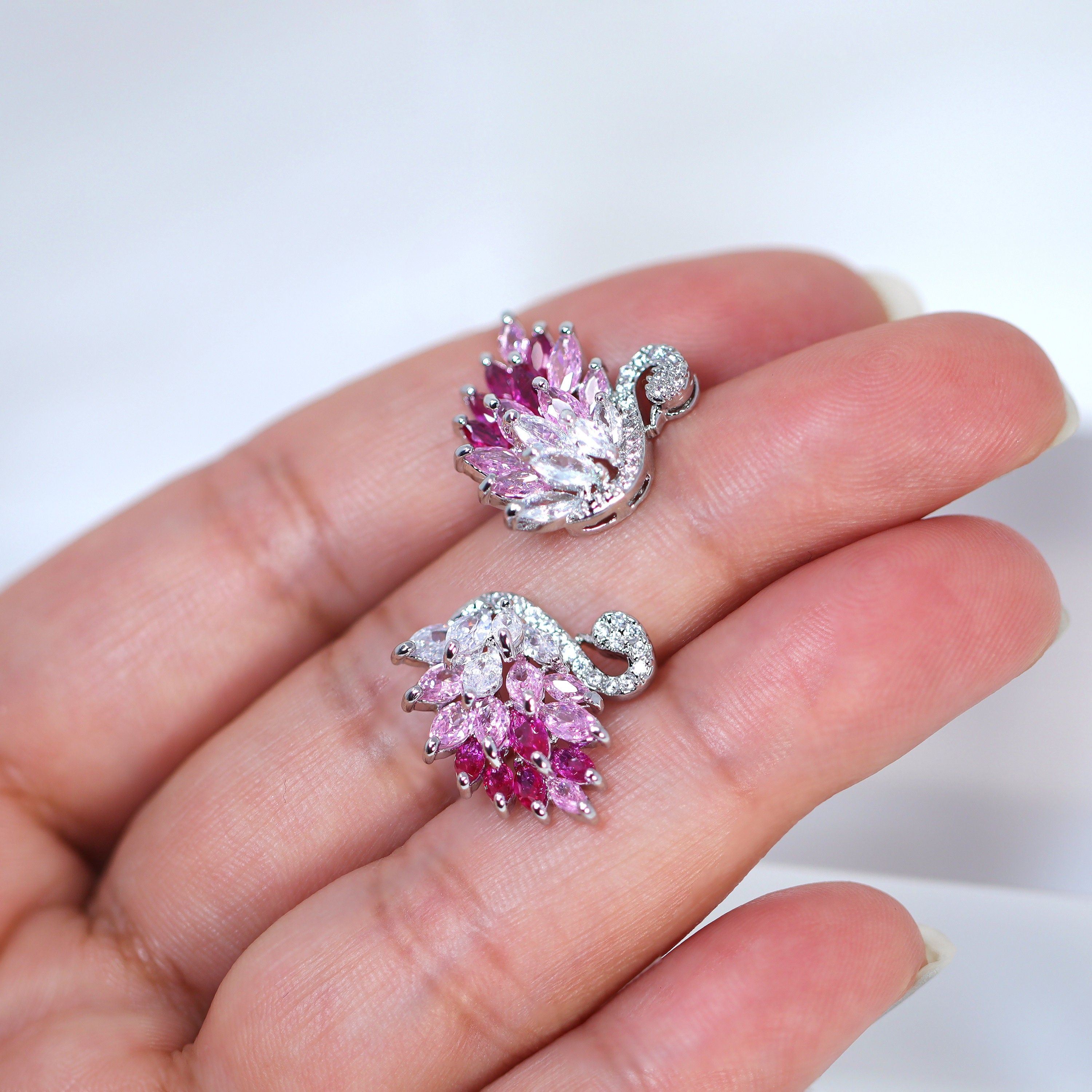 Cubic Zirconia Diamond Pink Swan stud Earrings, Bridal Jewelry, Bridal Stud Earrings, Crystal Bridal Earrings, Statement Earrings Cz