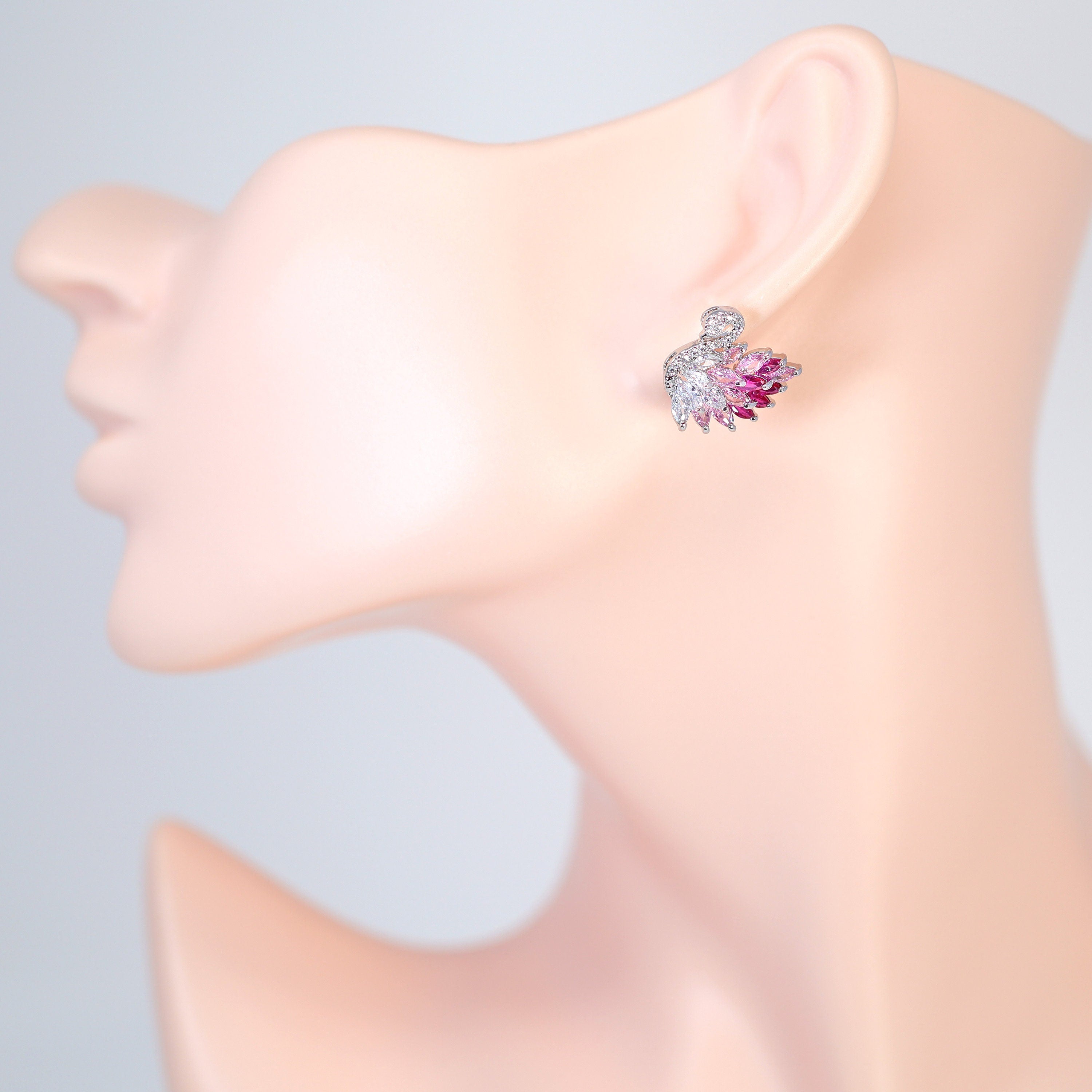 Cubic Zirconia Diamond Pink Swan stud Earrings, Bridal Jewelry, Bridal Stud Earrings, Crystal Bridal Earrings, Statement Earrings Cz