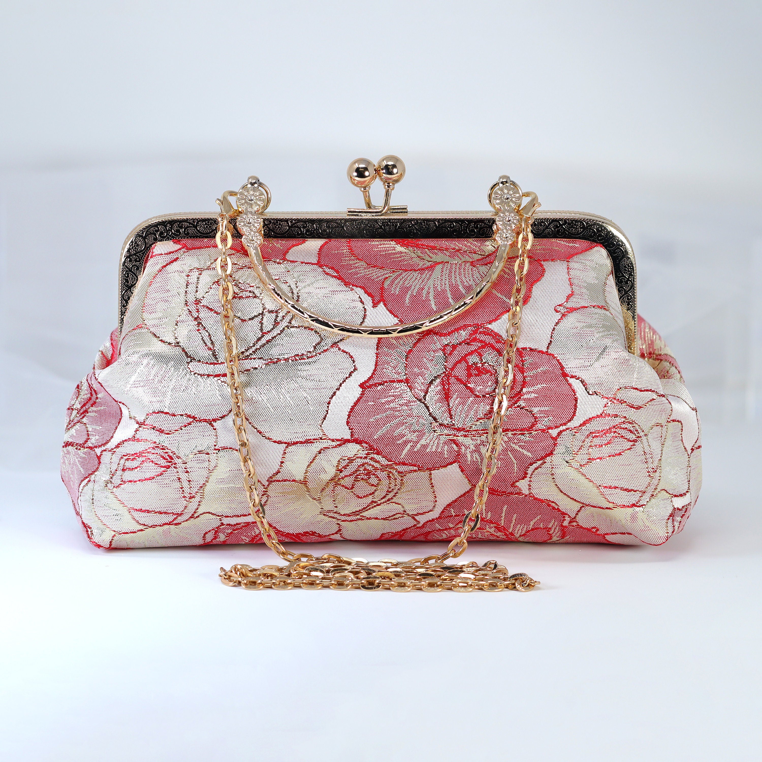 Shimmering Gold Red Rose Floral Wedding Bag, Statement Bag, Evening Clutch, Wedding Clutch, Bridal Clutch, White Cross Body Bag
