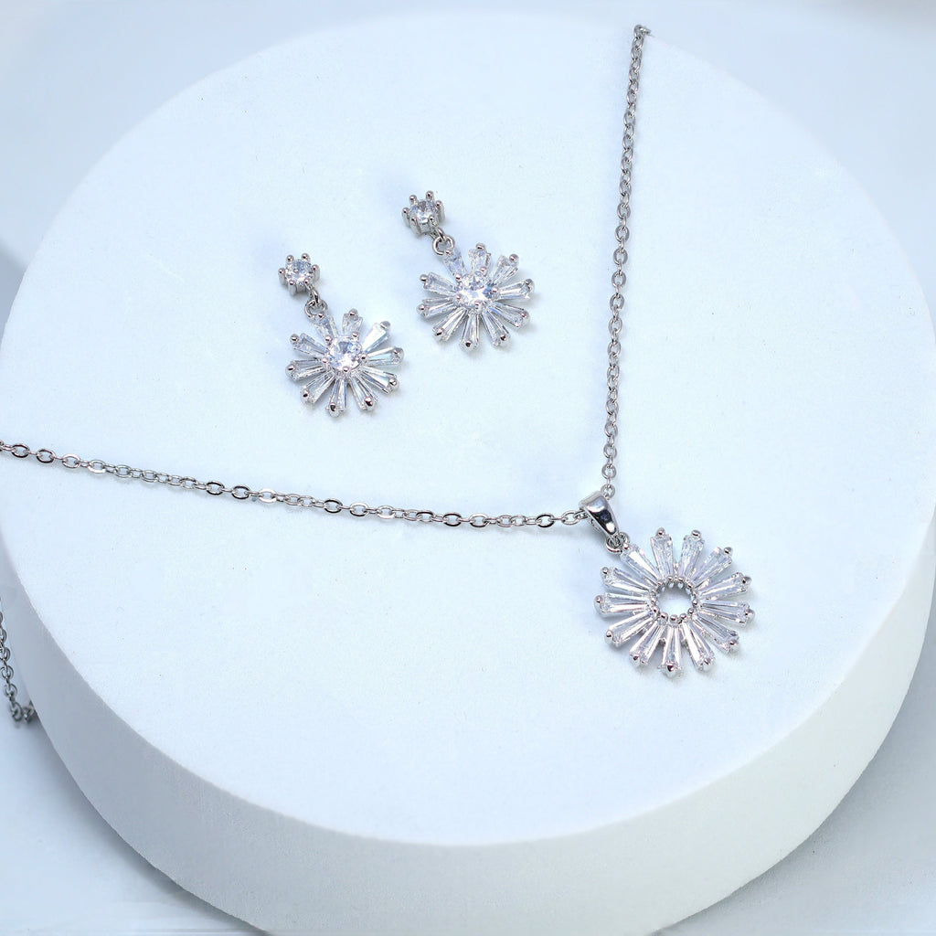 Swarovski Crystal Stainless Steel Dainty Flower Necklace Set , Bridal Jewelry, Bridal Earrings, Statement Earrings Cz, Necklace Set