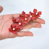 Swarovski Crystals Faux Pearl Red floral Bouquet Hair Comb' Bridal Hair Accessories, Wedding Hair Accessory, Bridal Hair Comb And Pins Set.