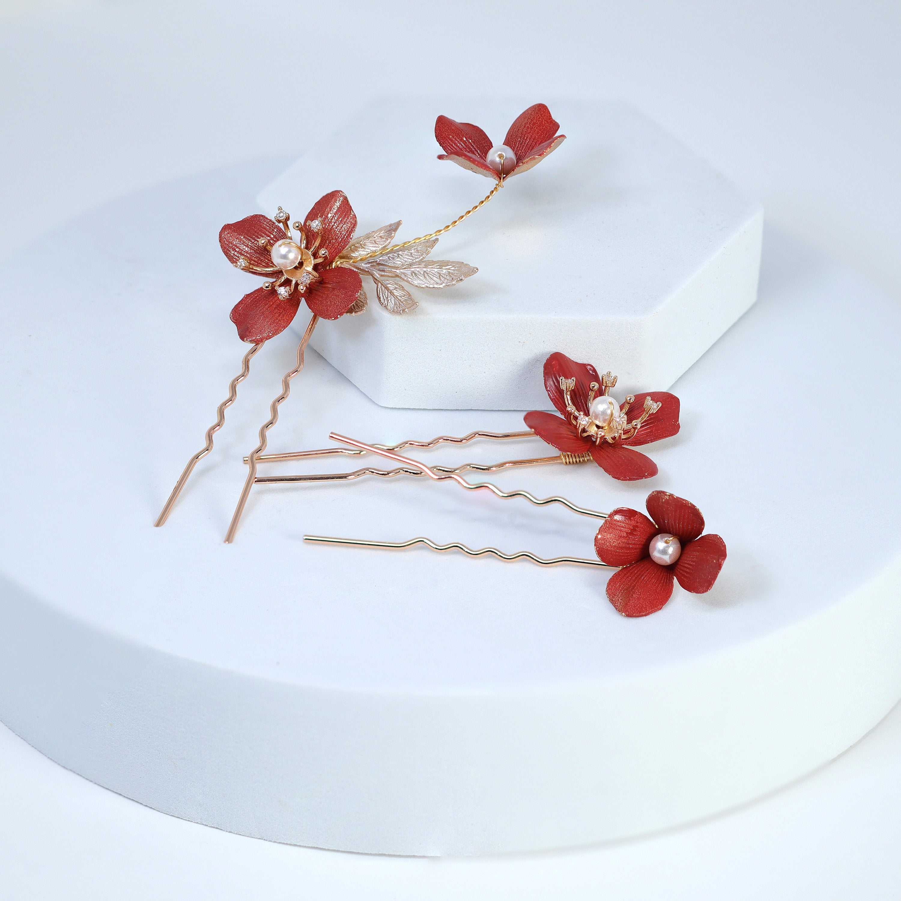 Swarovski Crystals Faux Pearl Red floral Bouquet Hair Comb' Bridal Hair Accessories, Wedding Hair Accessory, Bridal Hair Comb And Pins Set.
