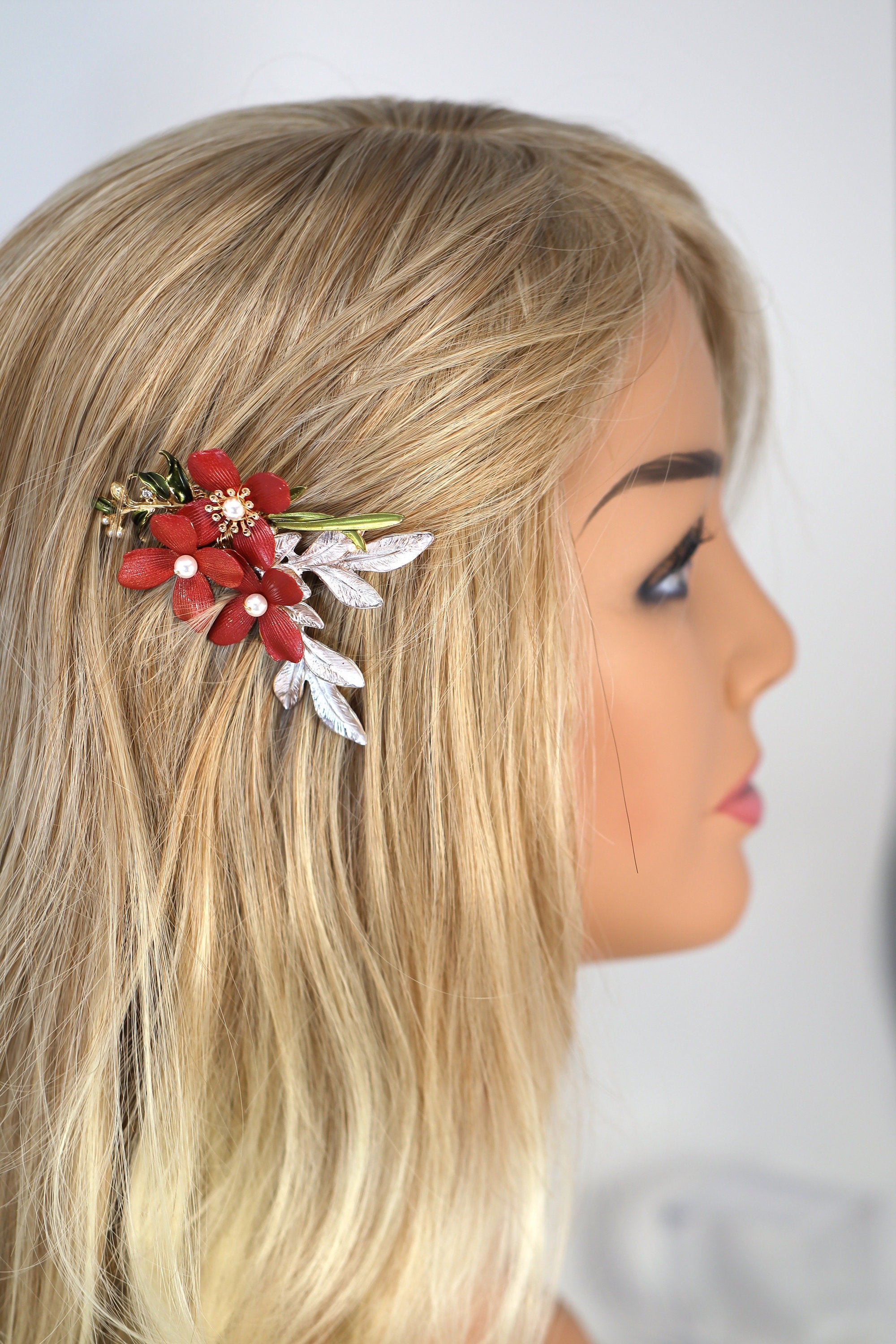 Swarovski Crystals Faux Pearl Red floral Bouquet Hair Comb' Bridal Hair Accessories, Wedding Hair Accessory, Bridal Hair Comb And Pins Set.