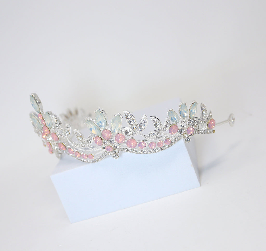 Swarovski Crystal Something Blue And Pink Opal And Floral Leaves Tiara , Bridal Tiara, Wedding Tiara, Crystal Wedding Crown, Tiara Bride