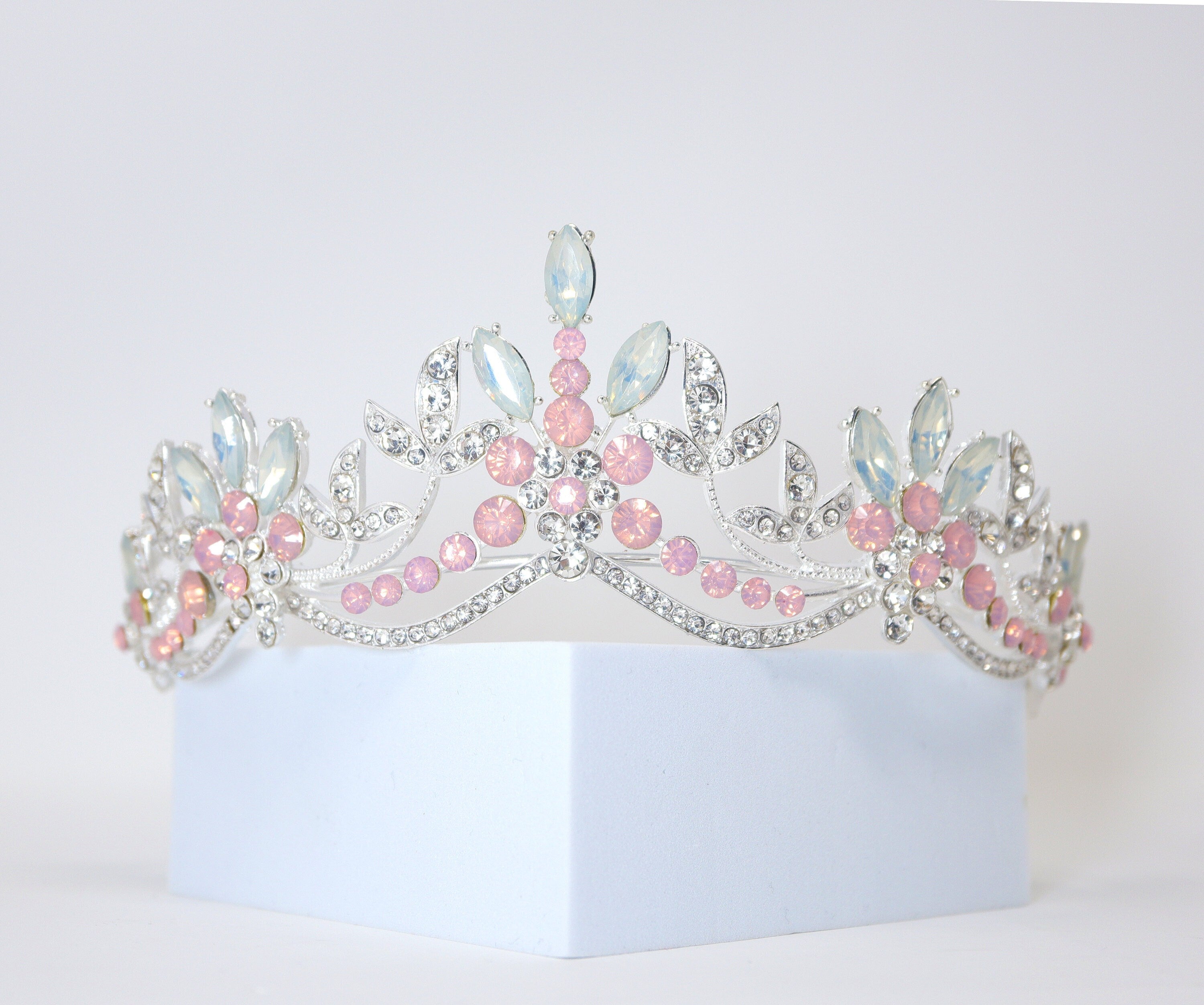 Swarovski Crystal Something Blue And Pink Opal And Floral Leaves Tiara , Bridal Tiara, Wedding Tiara, Crystal Wedding Crown, Tiara Bride