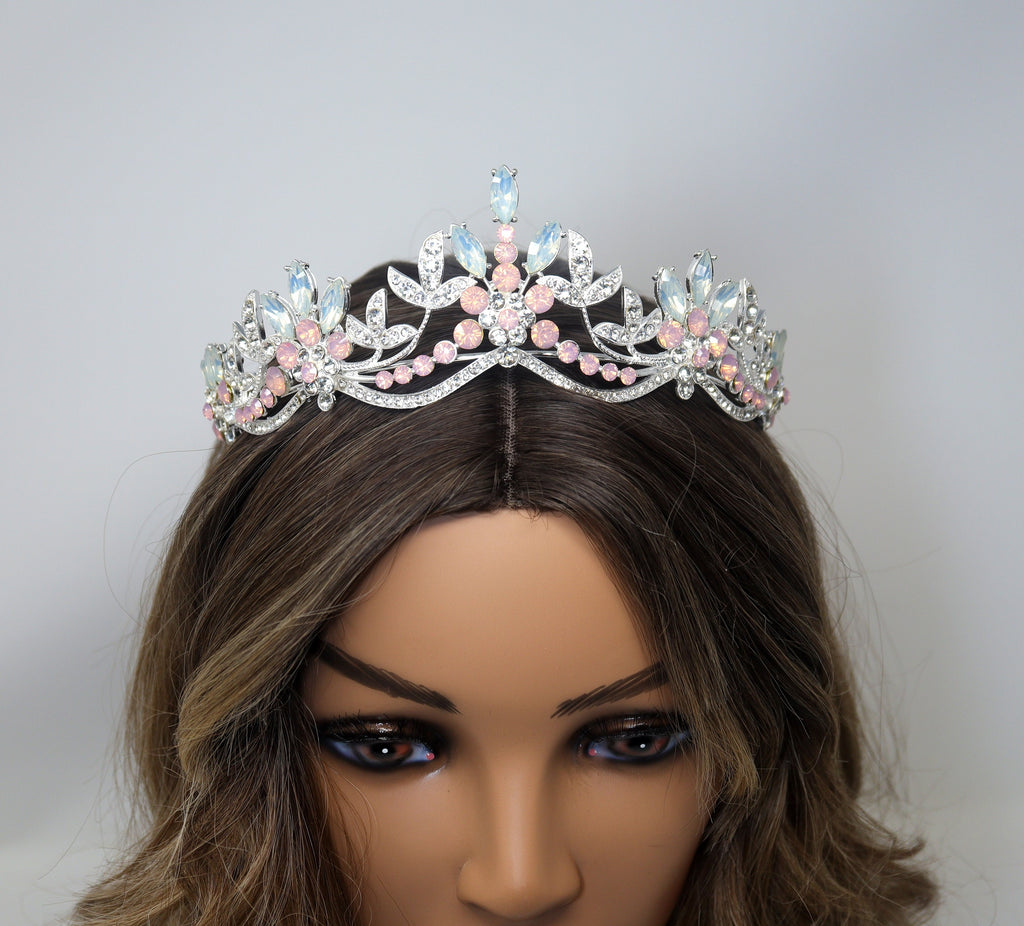 Swarovski Crystal Something Blue And Pink Opal And Floral Leaves Tiara , Bridal Tiara, Wedding Tiara, Crystal Wedding Crown, Tiara Bride