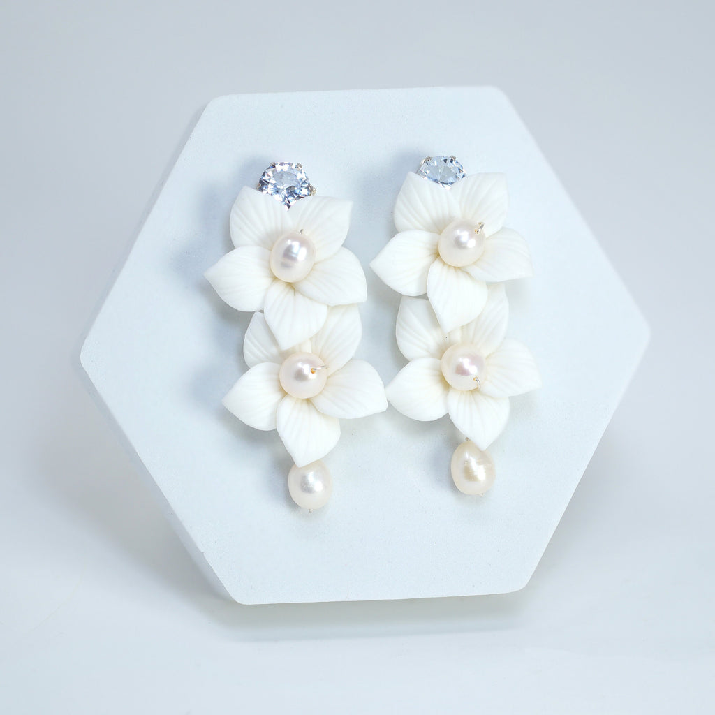 Natural Pearl Swarovski Porcelain Ceramic White Flower Pearl Sparkling Crystal Long Crystal Bridal Earrings Statement Earrings Cz