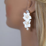 Natural Pearl Swarovski Porcelain Ceramic White Flower Pearl Sparkling Crystal Long Crystal Bridal Earrings Statement Earrings Cz