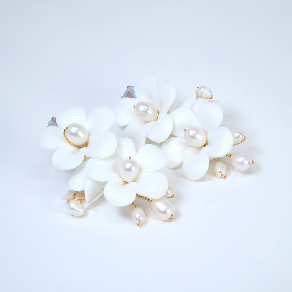 Natural Pearl Ray Of Shine Porcelain Ceramic White Flower Long Bridal Earrings Statement Earrings Cz