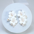 Natural Pearl Ray Of Shine Porcelain Ceramic White Flower Long Bridal Earrings Statement Earrings Cz