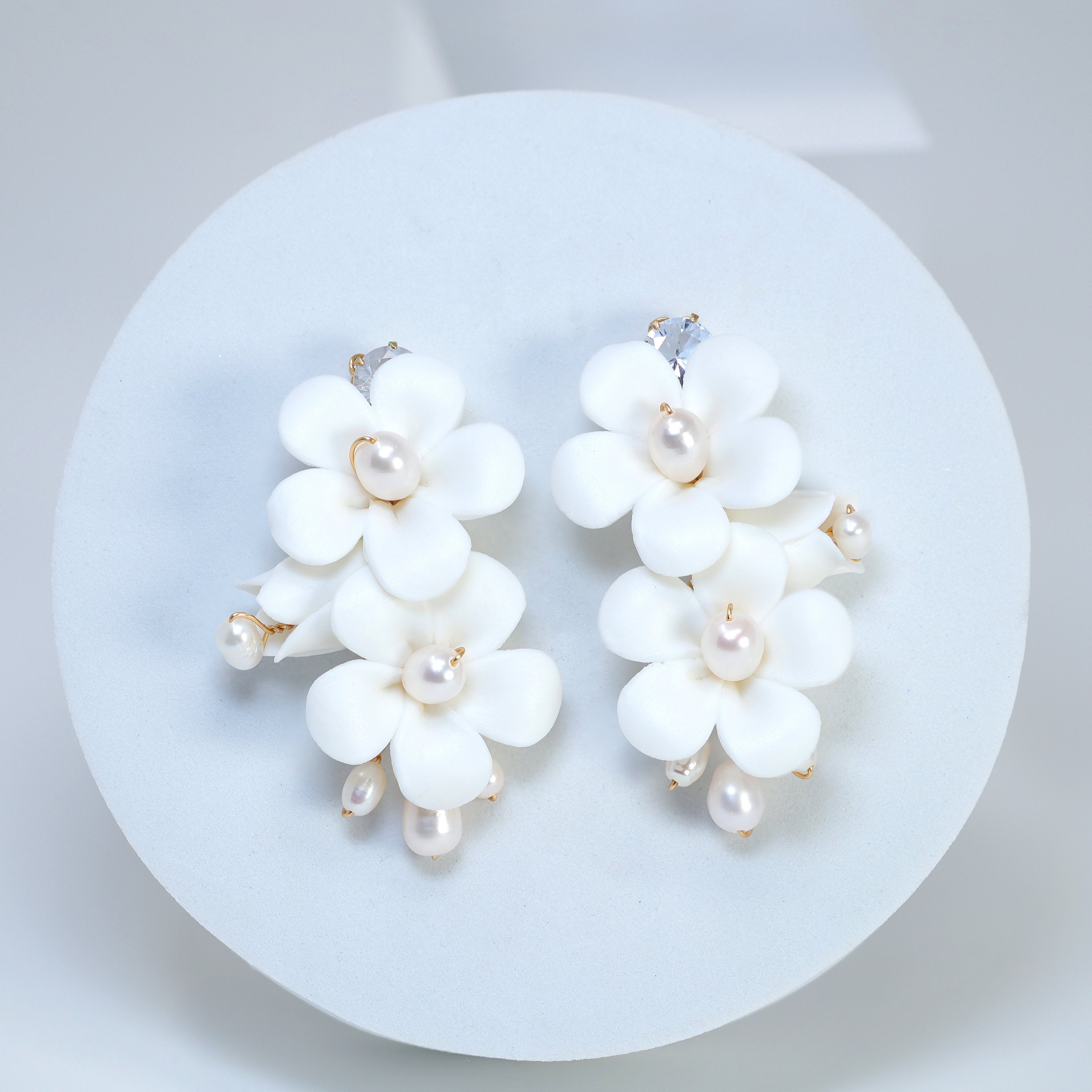 Natural Pearl Ray Of Shine Porcelain Ceramic White Flower Long Bridal Earrings Statement Earrings Cz