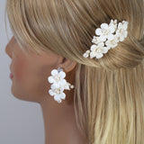 Set Of 3 Natural Pearl Ray Of Shine Porcelain Hair Pins, Ceramic White Flower Long Bridal Earrings Statement Earrings Cz
