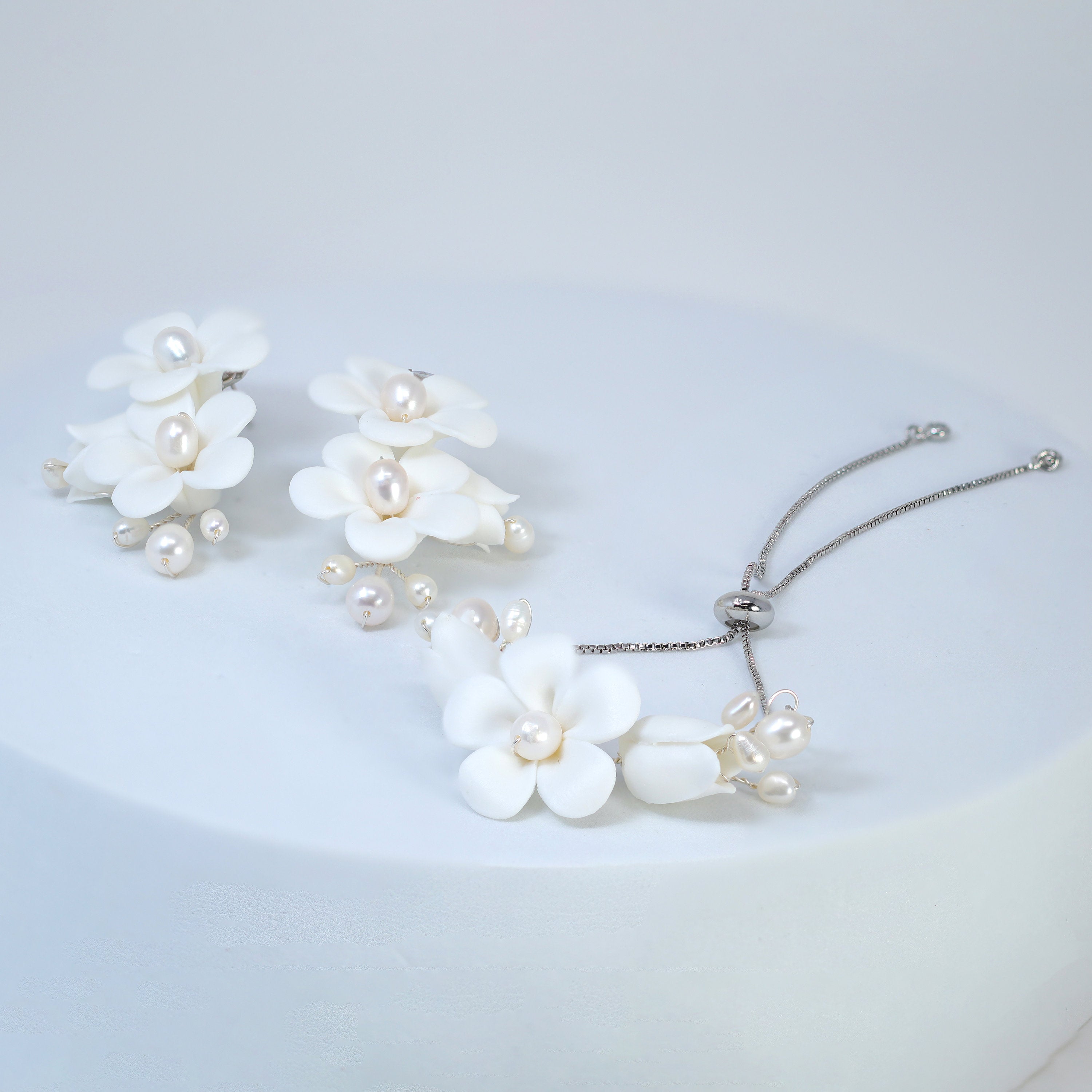 Natural Pearl Ray Of Shine Porcelain Comb, Ceramic White Flower Long Bridal Earrings Statement Earrings Cz