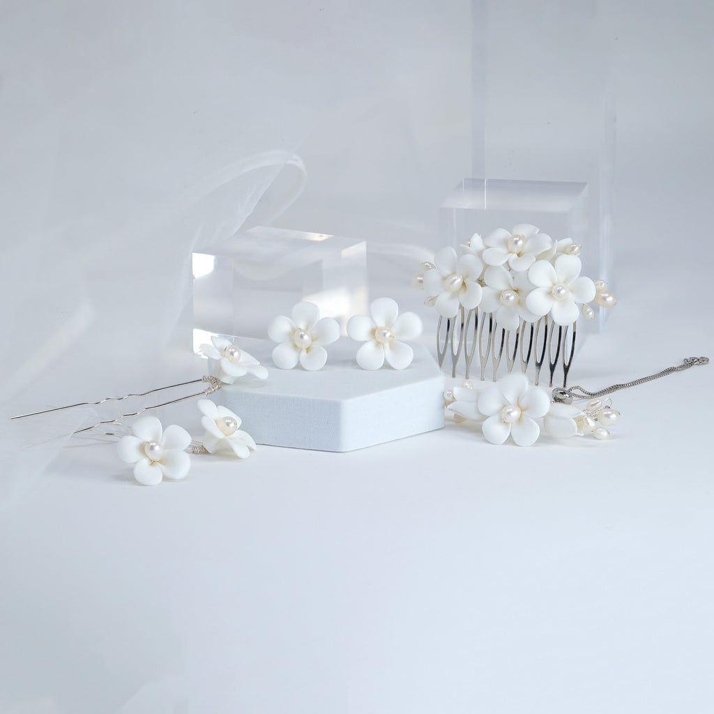 Set Of 3 Natural Pearl Ray Of Shine Porcelain Hair Pins, Ceramic White Flower Long Bridal Earrings Statement Earrings Cz