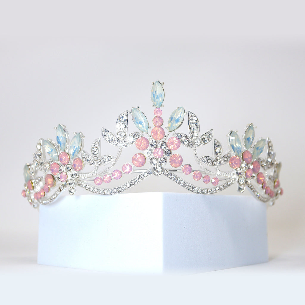 Swarovski Crystal Something Blue And Pink Opal And Floral Leaves Tiara , Bridal Tiara, Wedding Tiara, Crystal Wedding Crown, Tiara Bride