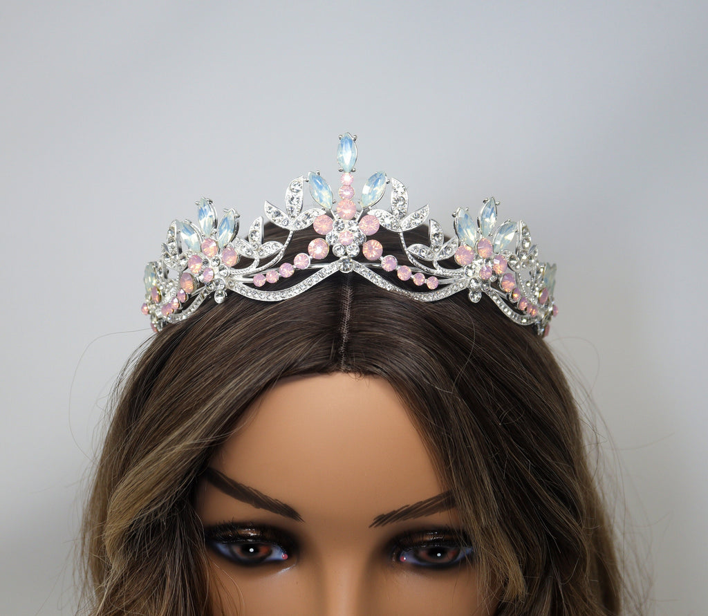 Swarovski Crystal Something Blue And Pink Opal And Floral Leaves Tiara , Bridal Tiara, Wedding Tiara, Crystal Wedding Crown, Tiara Bride