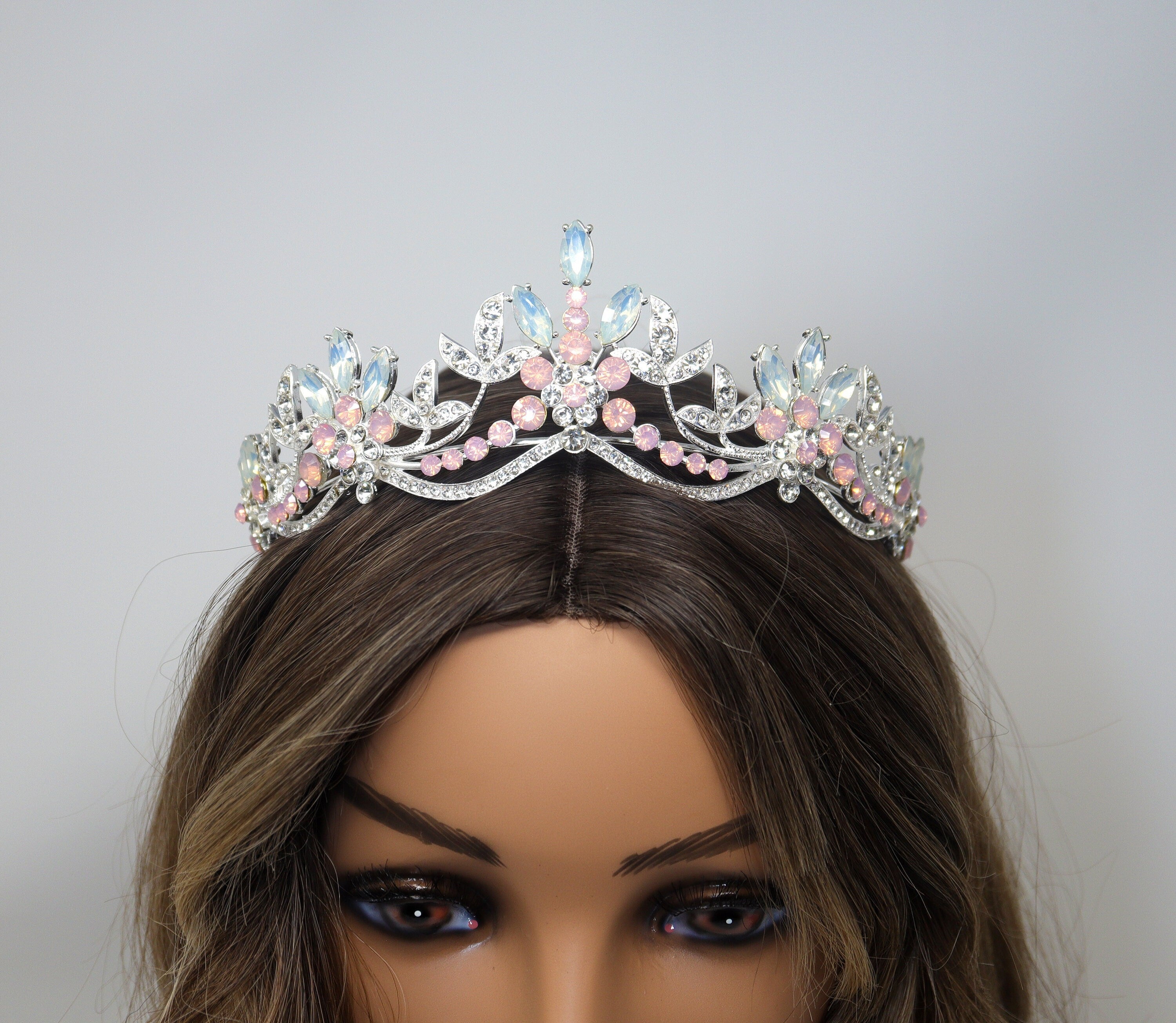 Swarovski Crystal Something Blue And Pink Opal And Floral Leaves Tiara , Bridal Tiara, Wedding Tiara, Crystal Wedding Crown, Tiara Bride