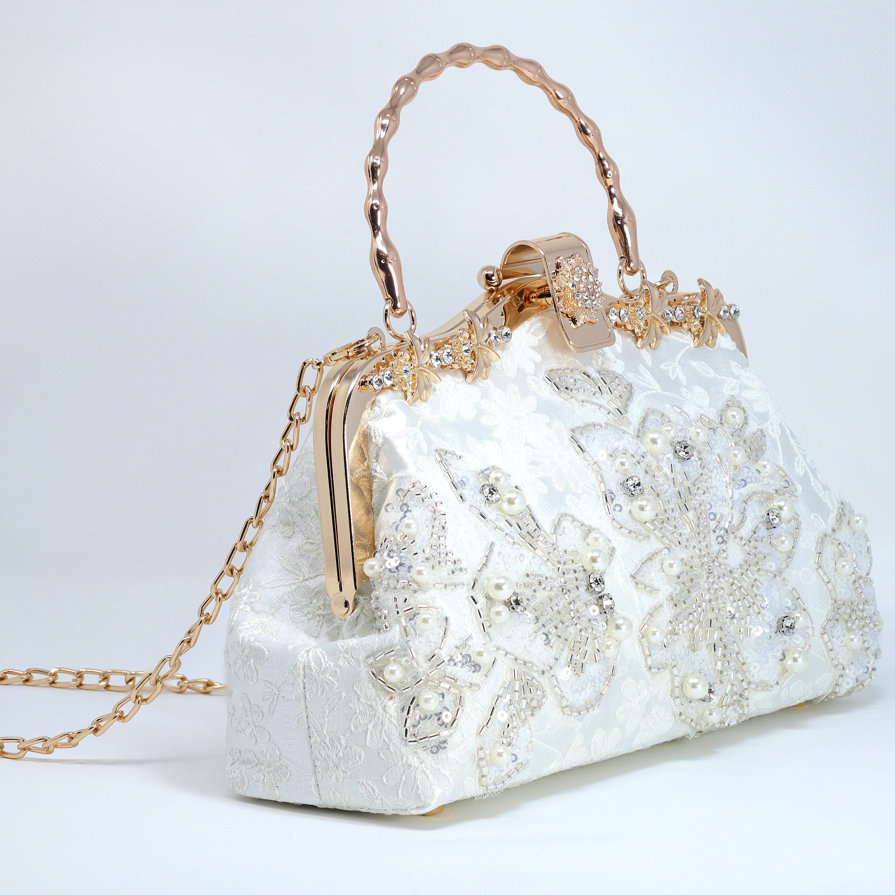 White Silver Embroidered Floral Pearl Wedding Bag, Statement Bag, Evening Clutch, Wedding Clutch, Bridal Clutch, White Cross Body Bag