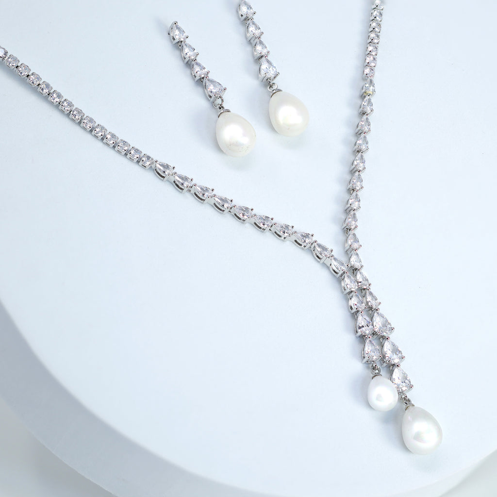 Elegant 2 Pearl Drops V Necklace Set, Dainty Bridal Jewelry Set, Gift For Her, Bridesmaid, Minimalist CZ Jewelry