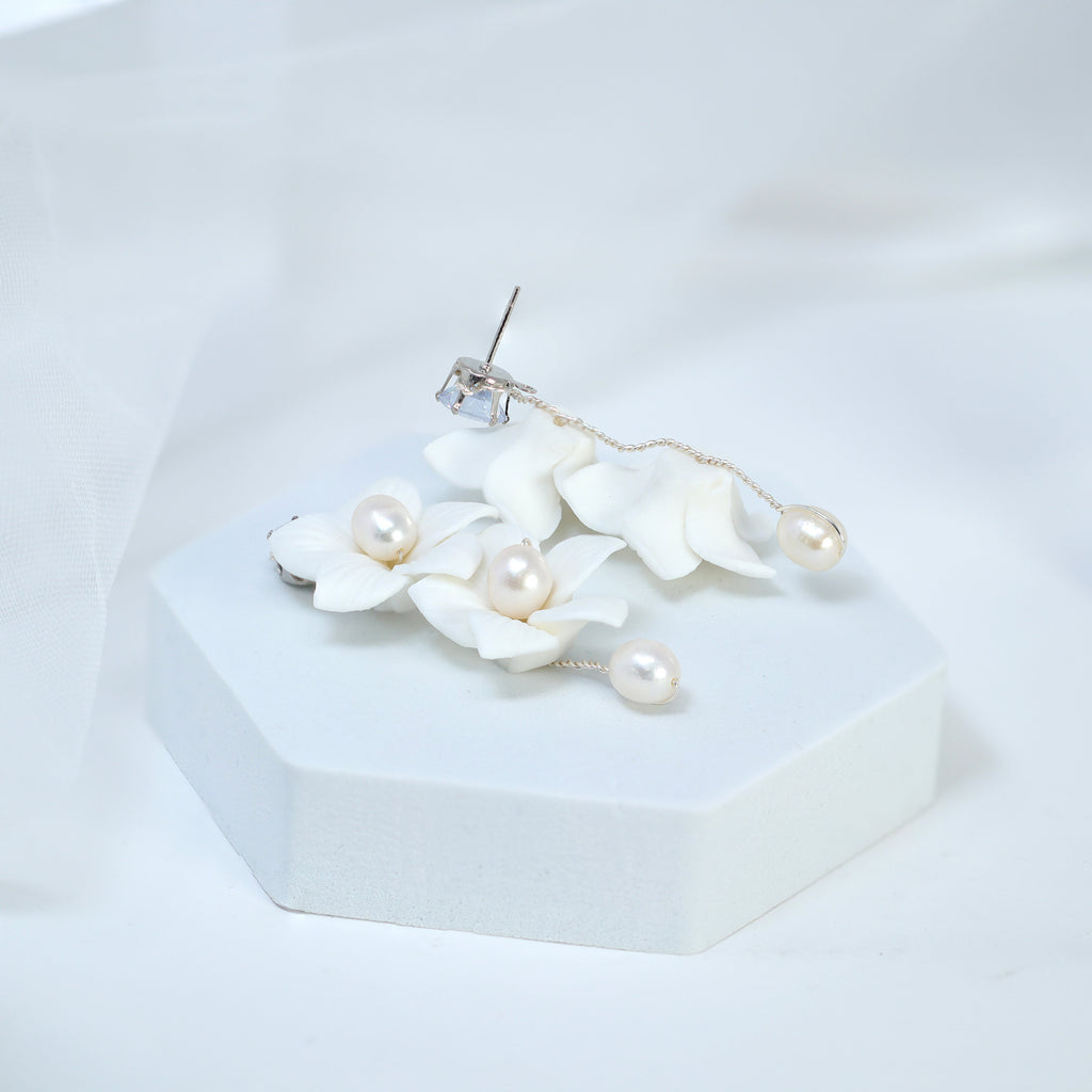 Natural Pearl Swarovski Porcelain Ceramic White Flower Pearl Sparkling Crystal Long Crystal Bridal Earrings Statement Earrings Cz