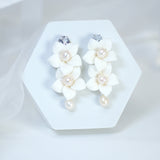 Natural Pearl Swarovski Porcelain Ceramic White Flower Pearl Sparkling Crystal Long Crystal Bridal Earrings Statement Earrings Cz