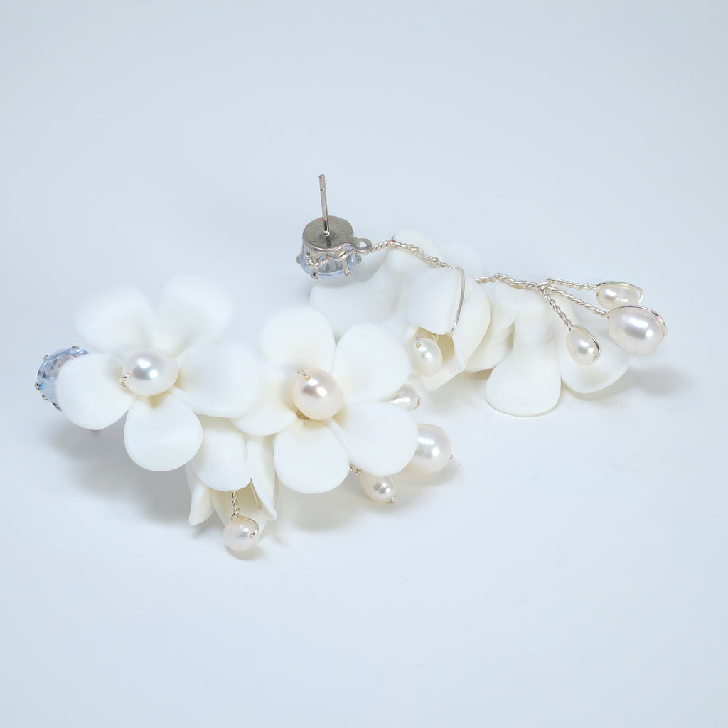 Natural Pearl Ray Of Shine Porcelain Ceramic White Flower Long Bridal Earrings Statement Earrings Cz
