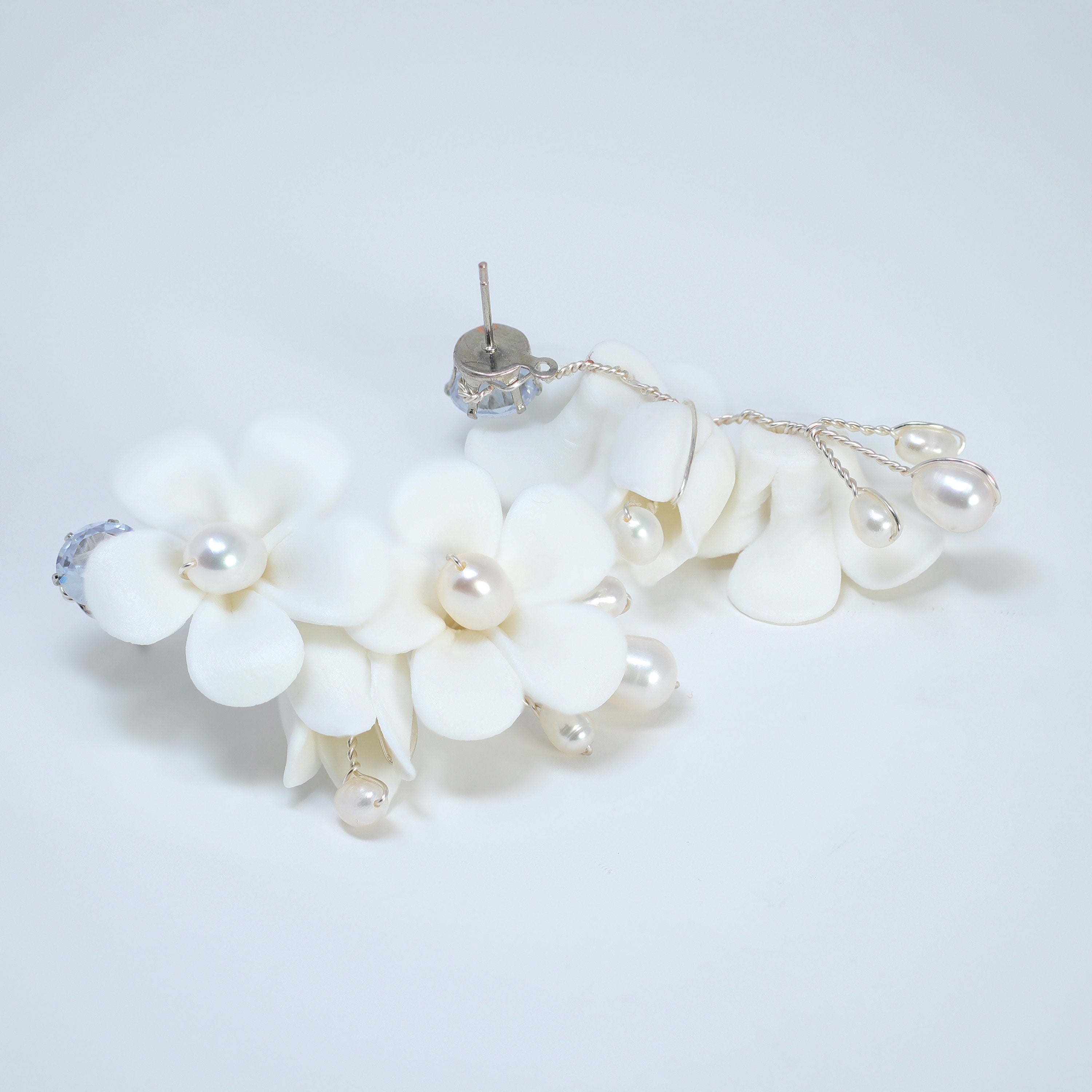 Set Of 3 Natural Pearl Ray Of Shine Porcelain Hair Pins, Ceramic White Flower Long Bridal Earrings Statement Earrings Cz