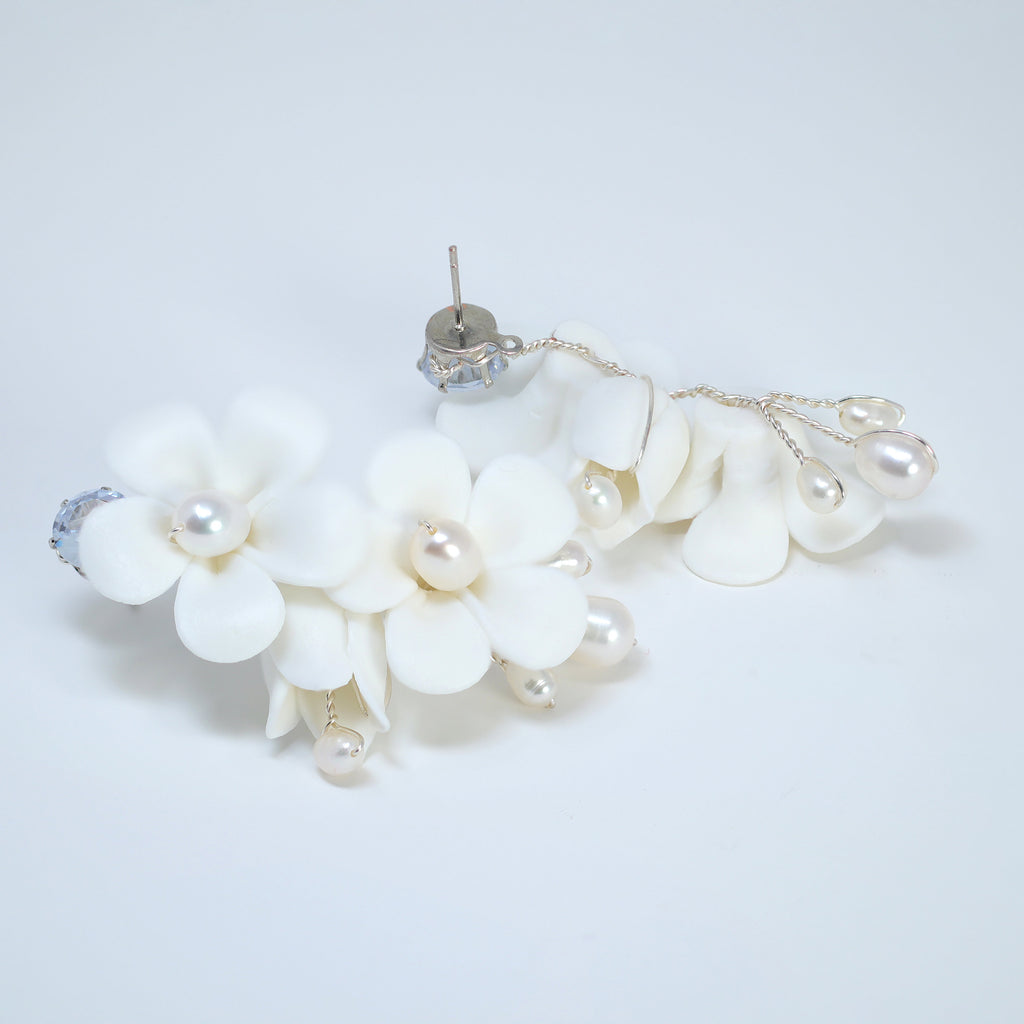 Natural Pearl Ray Of Shine Porcelain Comb, Ceramic White Flower Long Bridal Earrings Statement Earrings Cz