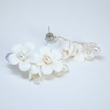 Natural Pearl Ray Of Shine Porcelain Comb, Ceramic White Flower Long Bridal Earrings Statement Earrings Cz