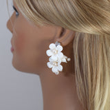 Natural Pearl Ray Of Shine Porcelain Ceramic White Flower Long Bridal Earrings Statement Earrings Cz