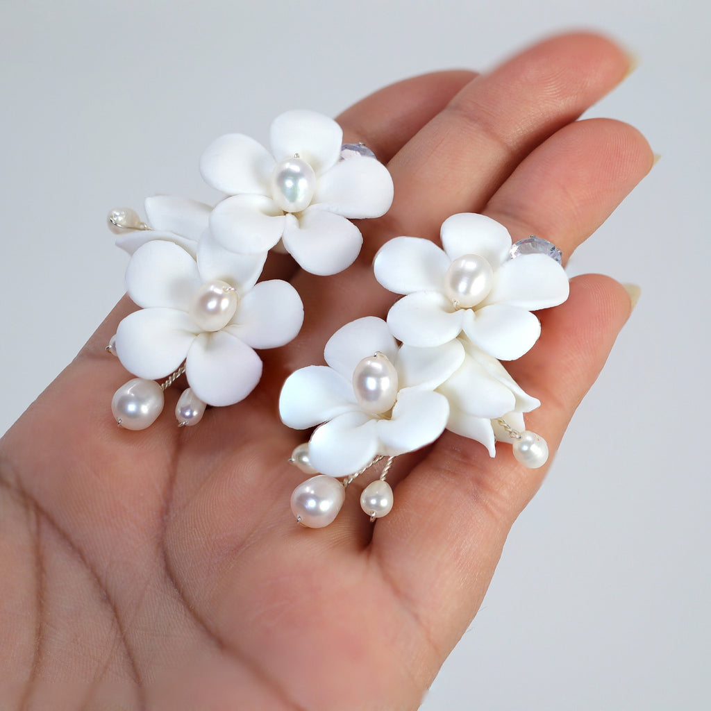 Natural Pearl Ray Of Shine Porcelain Ceramic White Flower Long Bridal Earrings Statement Earrings Cz