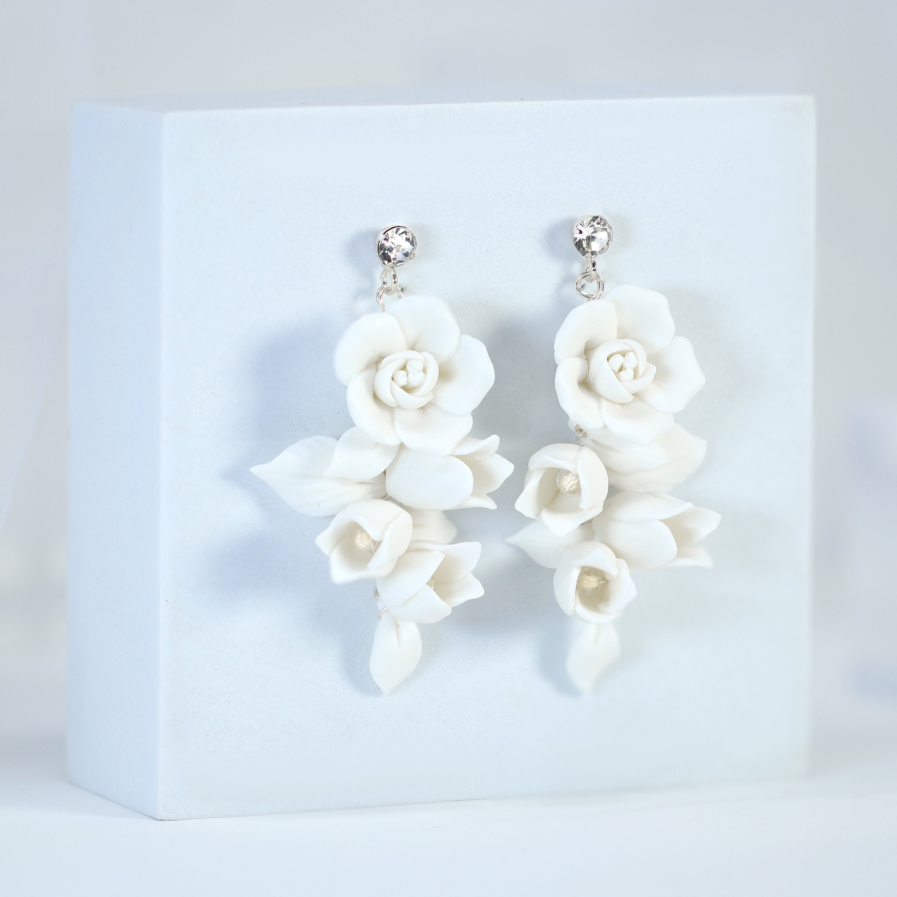 White Flower Petals Pearl Earrings, Long Bridal Jewelry Bridal Earrings Crystal Bridal Earrings Statement Earrings Cz