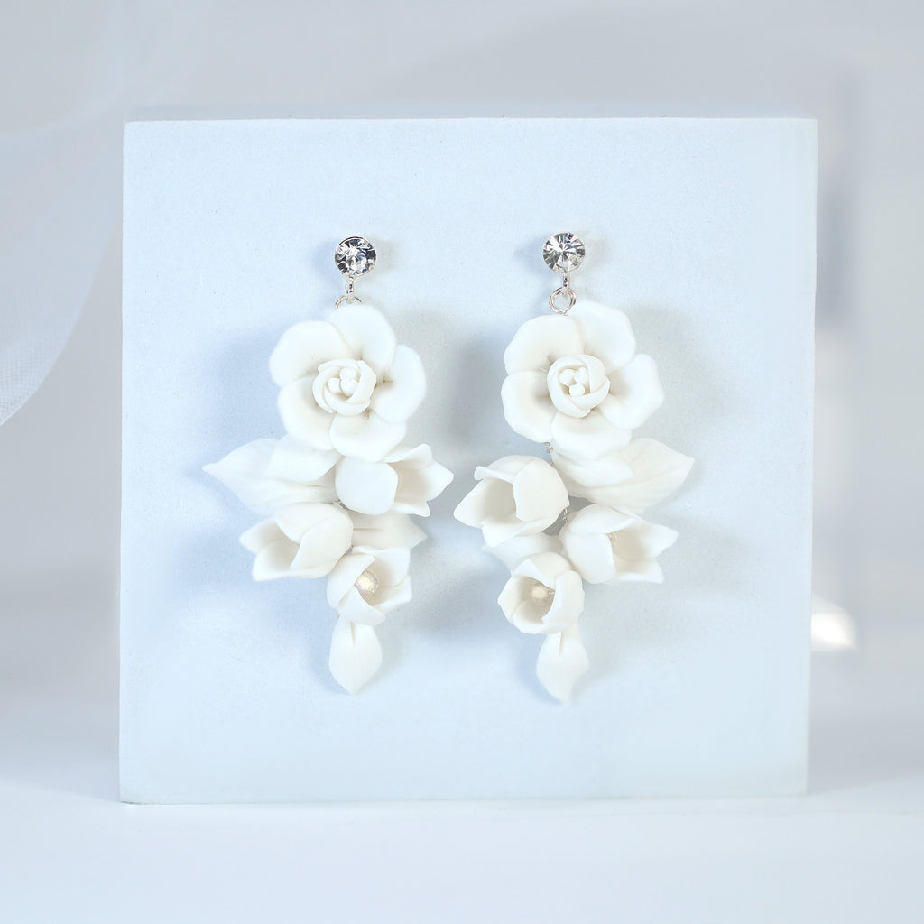White Flower Petals Pearl Earrings, Long Bridal Jewelry Bridal Earrings Crystal Bridal Earrings Statement Earrings Cz