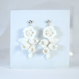 White Flower Petals Pearl Earrings, Long Bridal Jewelry Bridal Earrings Crystal Bridal Earrings Statement Earrings Cz
