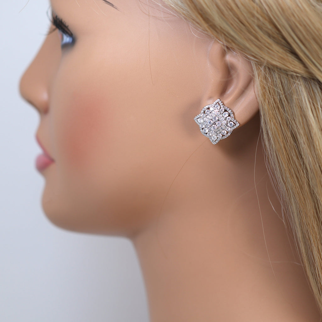 Floral Square Mandala CZ Diamond Earrings, Bridal Jewelry, Bridal Stud Earrings, Crystal Bridal Earrings, Statement Earrings Cz
